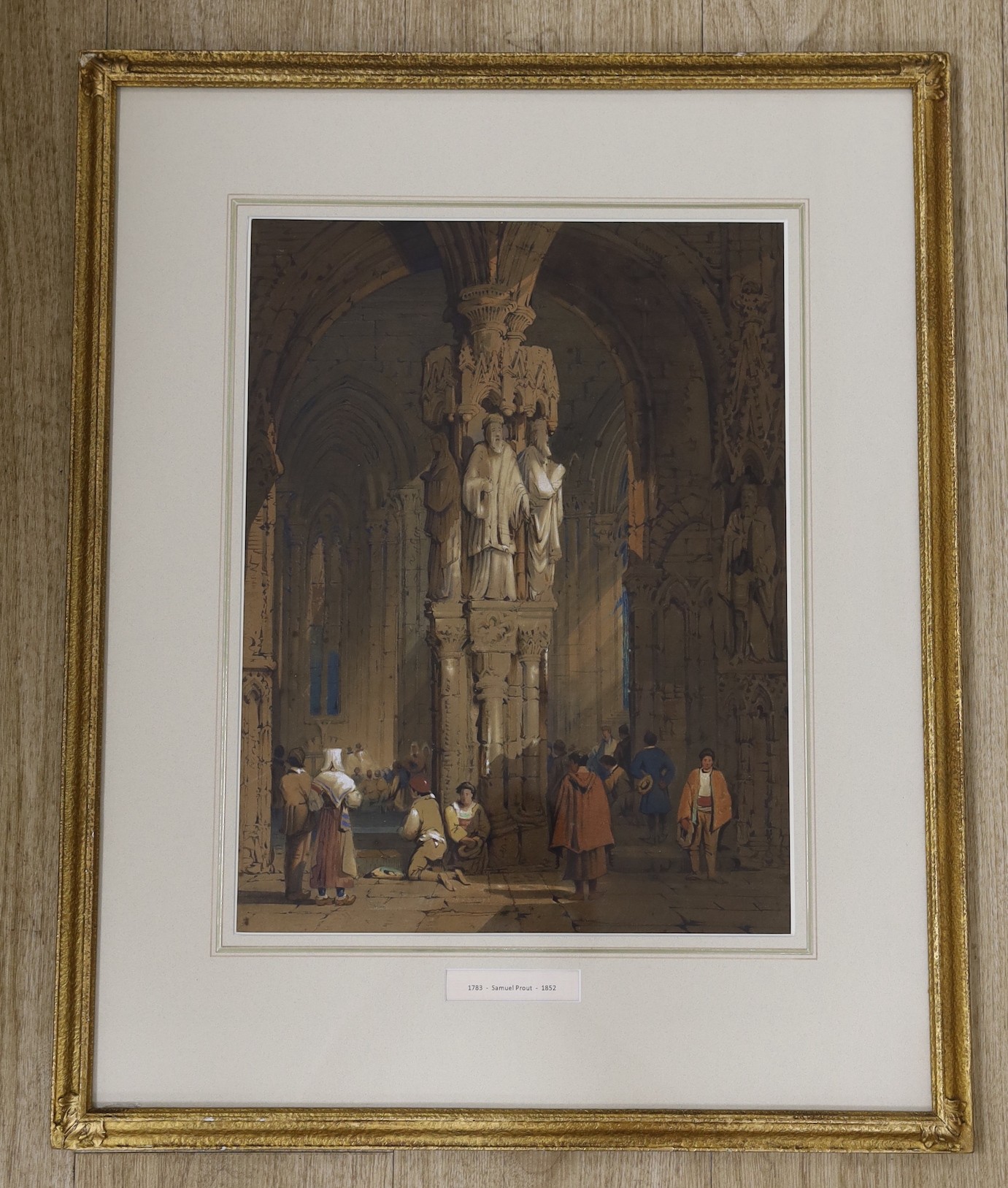 Samuel Prout (1783-1852), watercolour and gouache, entrance to a cathedral, 41 x 31cm